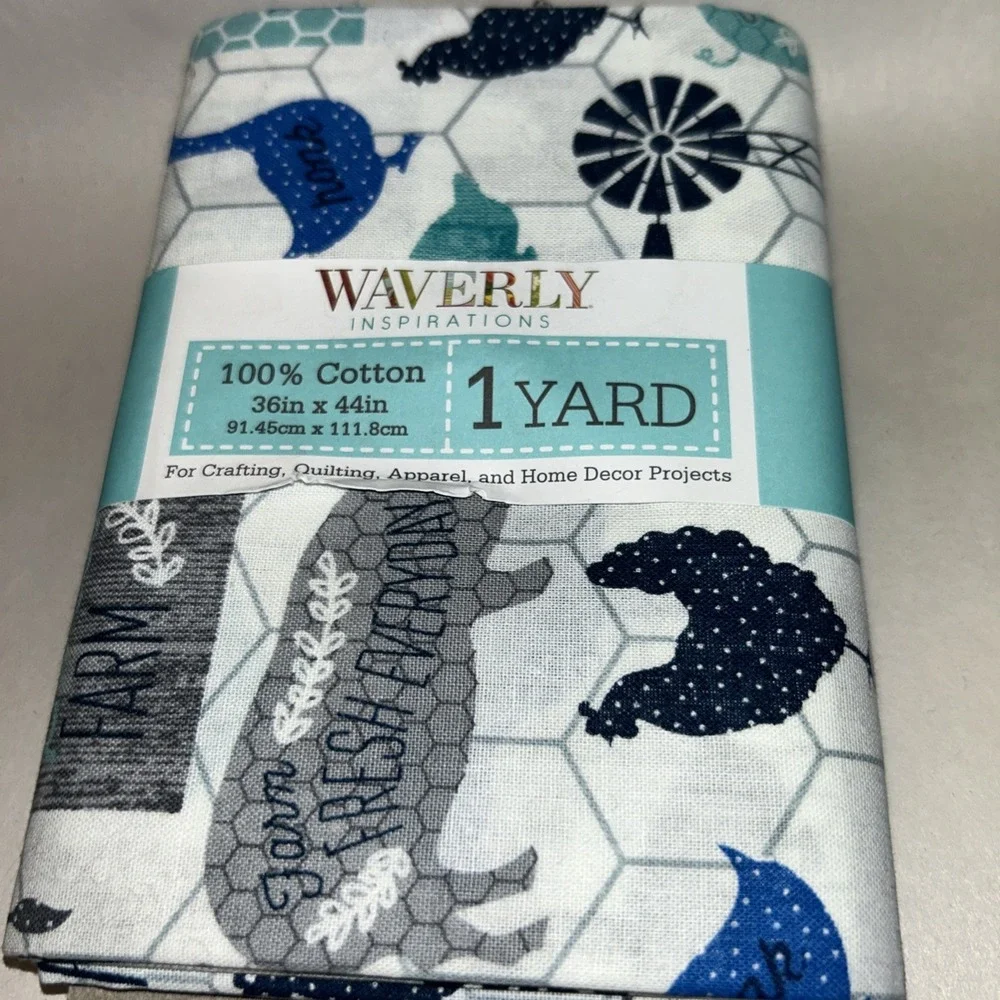 Fabric 1yd Waverly Cotton Farm Animals Blue Teal Chicken Sewing Quilting Crafts
